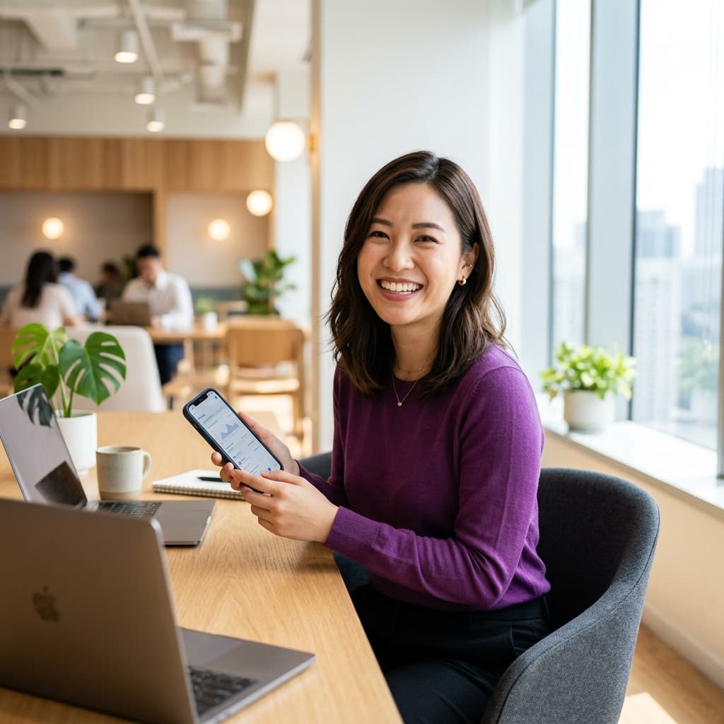 Mulher de blusa roxa com celular e computador em uma mesa de trabalho