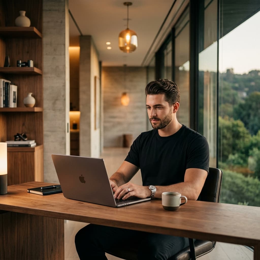 Profissional em seu escritório, ao lado de um notebook