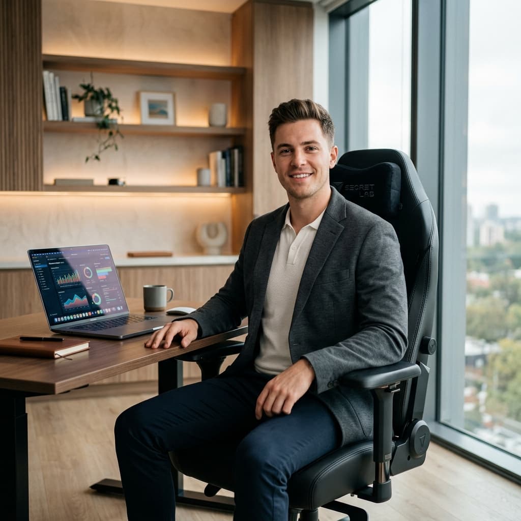 Homem em um escritório com um painel de gestão aberto no notebook