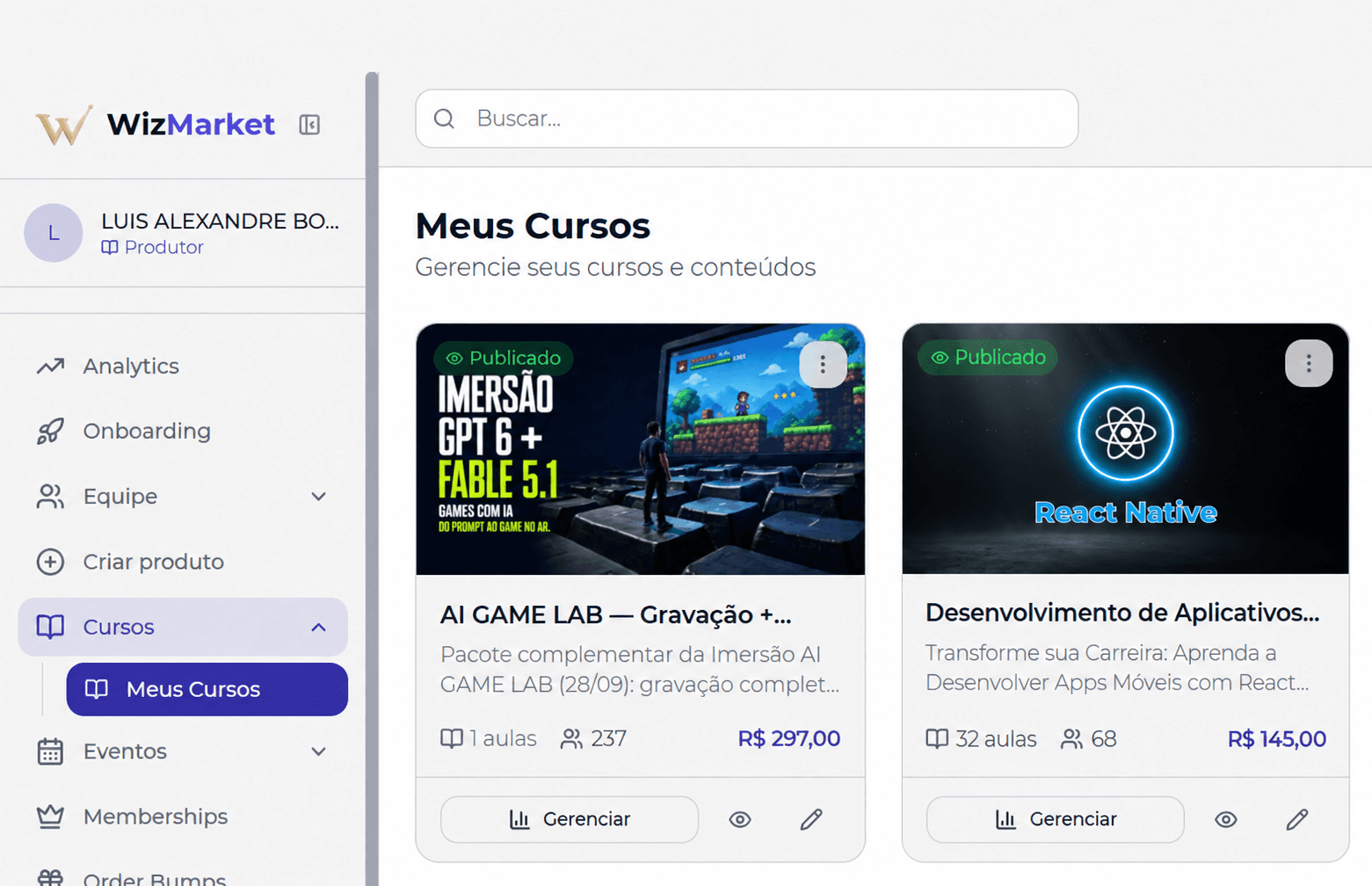 Demonstração da área do produtor na WizMarket com os cursos AI Game Lab e React Native